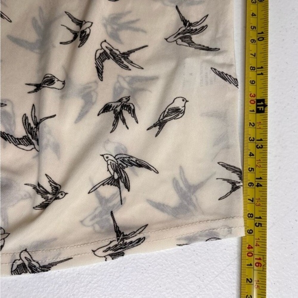 Siren Lily Bird Print Tie Neck Button Front Semi Sheer Cream Top Women Medium - Picture 11 of 13